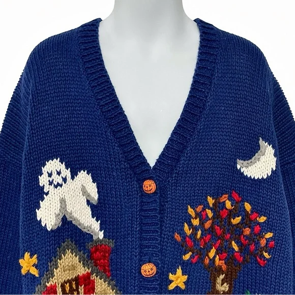 Vintage 90s Kids Hand Embroidered Chunky Halloween Cardigan Sweater Size 10/12 - Picture 2 of 15
